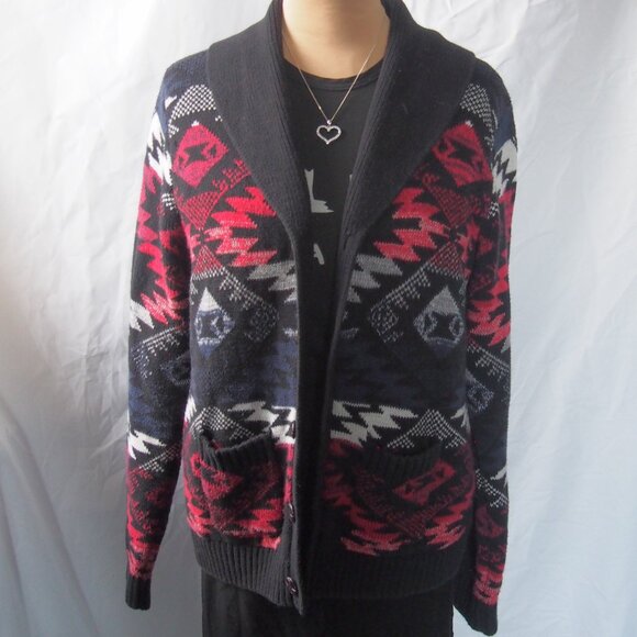 Adam Levine Chunky Knit Cowl Neck Cardigan /Red Blue Aztec Print Size L - Picture 2 of 15